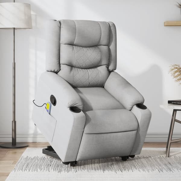 Massagefåtölj med uppresningshjälp ljusgrå tyg