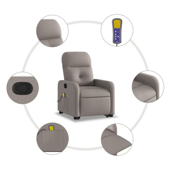 Massagefåtölj med uppresningshjälp taupe tyg