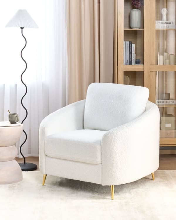 Lenestol Hvit Boucle Gull Metallben Klubbstol Retro Stue