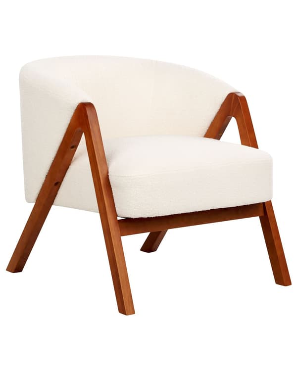 Fåtölj Off-White Bouclé Tyg Accent Stol Träben Modern Design Vardagsrum Sovrum