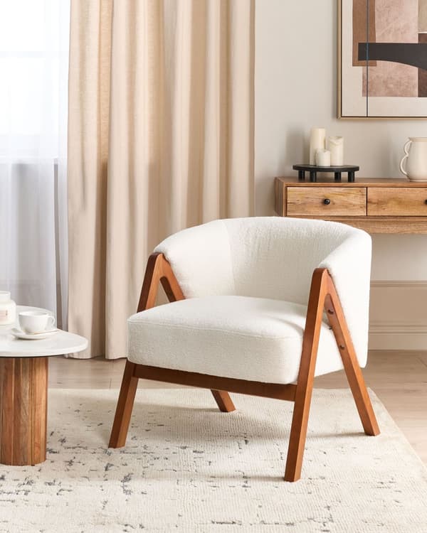 Fåtölj Off-White Bouclé Tyg Accent Stol Träben Modern Design Vardagsrum Sovrum