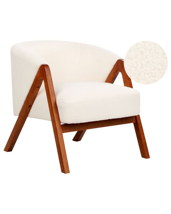 Fåtölj Off-White Bouclé Tyg Accent Stol Träben Modern Design Vardagsrum Sovrum