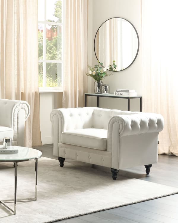 Chesterfield Lenestol Off-white Stoff Polstring Mørkt Tre Ben