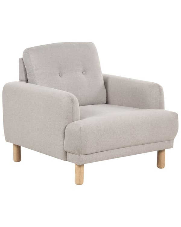 Nojatuoli ruskeanharmaa kangas verhoiltu puujalat nappikoristeltu olohuoneen retro minimalistinen tyyli