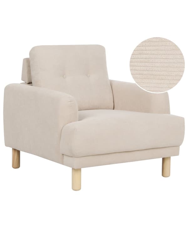 Nojatuoli beige vakosametti verhoiltu puujalat nappikoristeltu olohuoneen retro minimalistinen tyyli