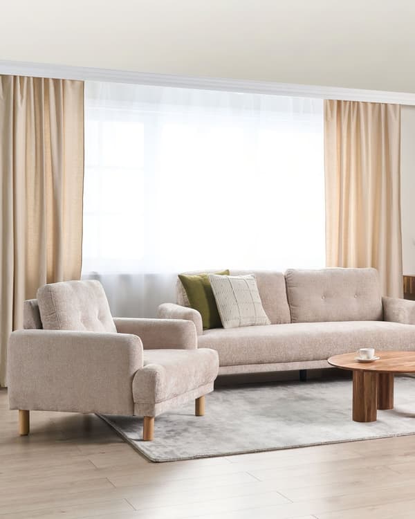 Nojatuoli beige bukleekangas verhoiltu puujalat nappikoristeltu olohuoneen retro minimalistinen tyyli