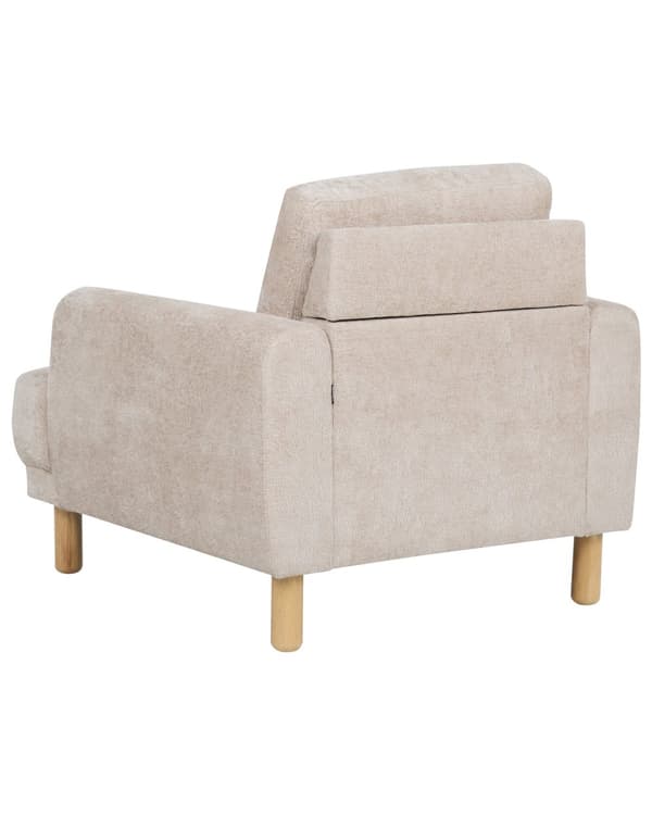 Nojatuoli beige bukleekangas verhoiltu puujalat nappikoristeltu olohuoneen retro minimalistinen tyyli
