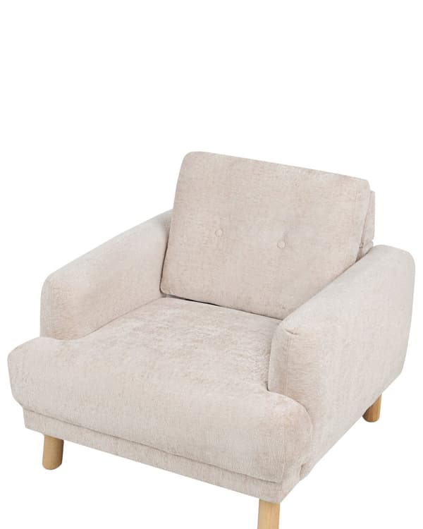 Nojatuoli beige bukleekangas verhoiltu puujalat nappikoristeltu olohuoneen retro minimalistinen tyyli