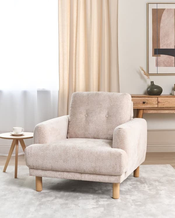 Nojatuoli beige bukleekangas verhoiltu puujalat nappikoristeltu olohuoneen retro minimalistinen tyyli
