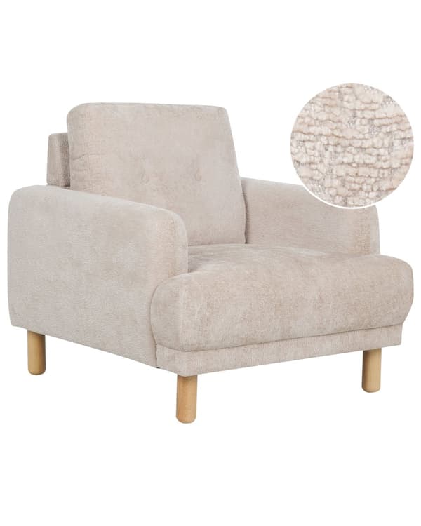 Nojatuoli beige bukleekangas verhoiltu puujalat nappikoristeltu olohuoneen retro minimalistinen tyyli