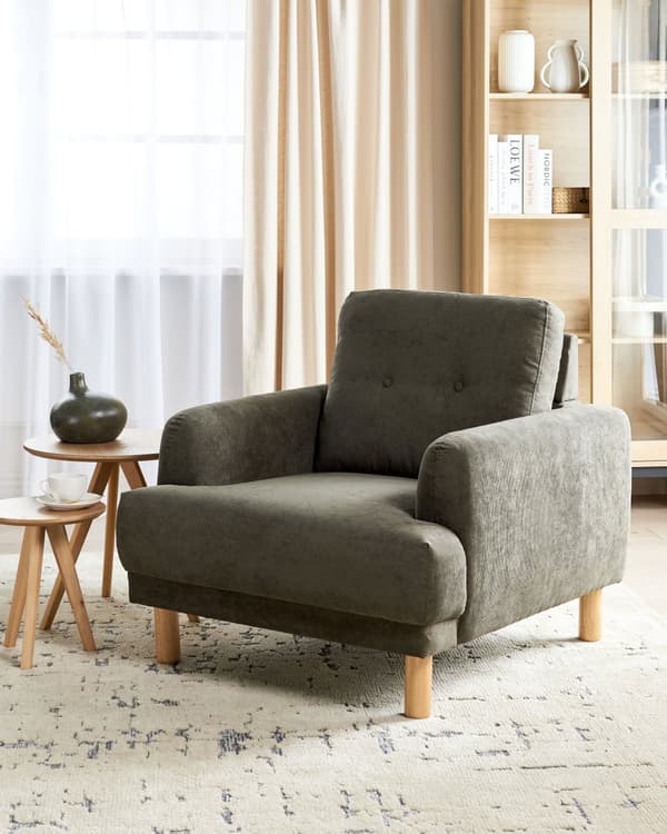 Nojatuoli tummanvihreä vakosametti verhoiltu puujalat nappikoristeltu olohuoneen retro minimalistinen tyyli