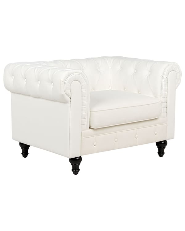 Fåtölj Chesterfield Off-White Tuftad Klädsel i Polyestertyg Ben i Mörkt Trä Modern Design Vardagsrum