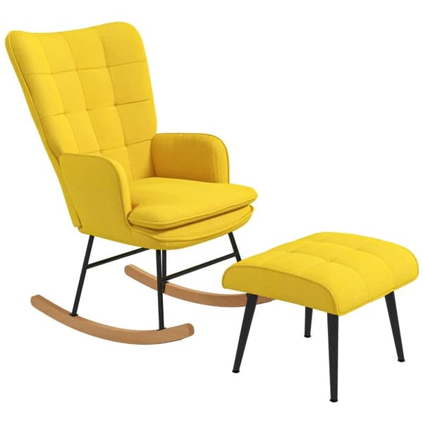 Rootz gyngestol med osmannisk - Scandi Design -brocking stol med fodskammel - Bøgetræ - Quiltning - Imiteret linned - Gul - 64 cm x 89 cm x 90 cm