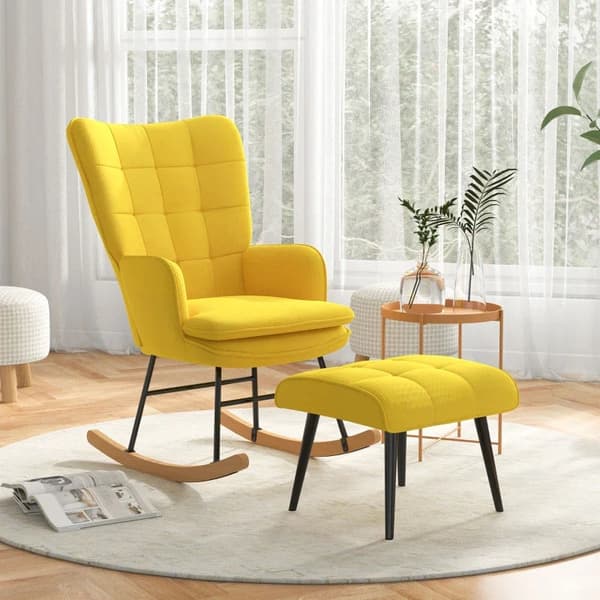 Rootz gyngestol med osmannisk - Scandi Design -brocking stol med fodskammel - Bøgetræ - Quiltning - Imiteret linned - Gul - 64 cm x 89 cm x 90 cm