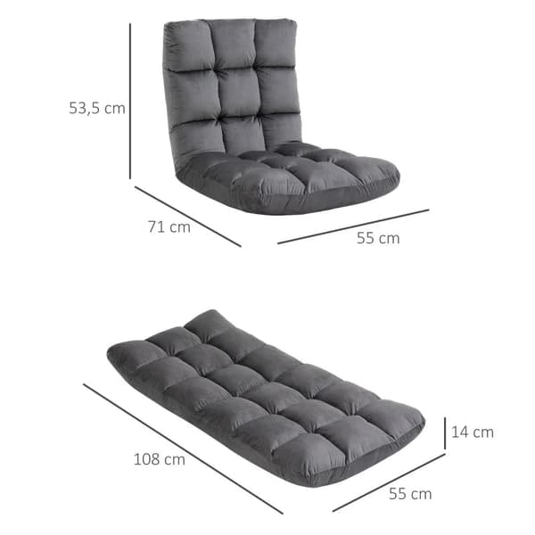Rootz Fåtölj - Gästmadrass - Golvstol - Justerbart ryggstöd - Velourlook - Sittdyna - Grå - 55 cm x 71 cm x 53,5 cm