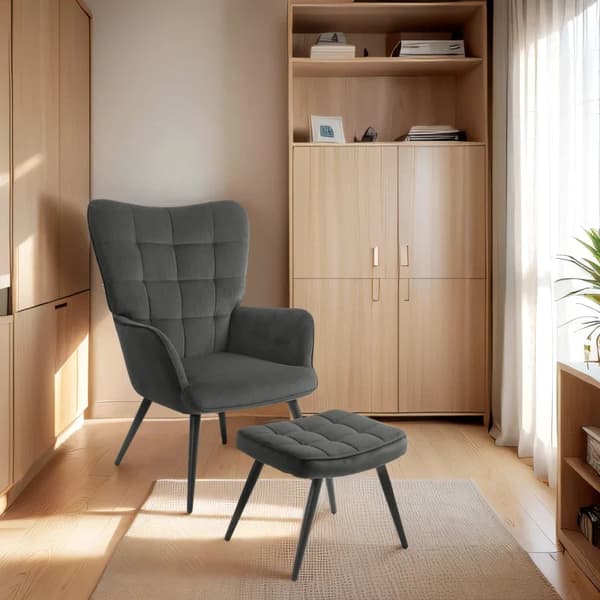 Rootz avkopplingsstol med pall - Fåtölj med ottoman - Fåtölj med fotpall - Accentstol - Set i 2 delar - Flerskiktsbräda - Grå - 73L x 77,5W x 98H cm
