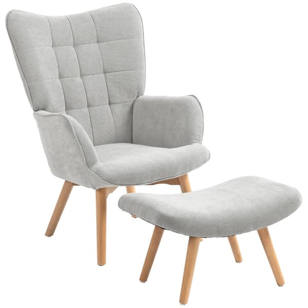 Rootz Accent Stol i Scandi Design - Afslapningsstol med skammel - Vingestol - Lænestolssæt - Bøgetræ - Cord Look - Grå - 72L x 80W x 101H cm