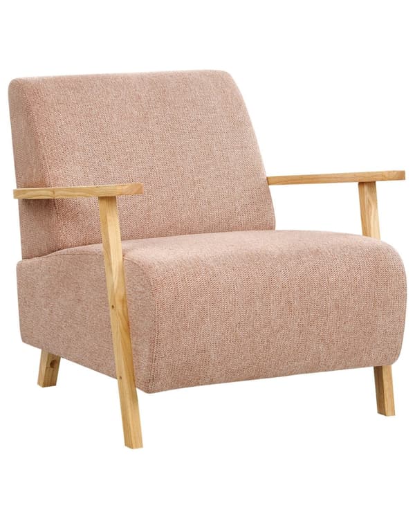 Nojatuoli vaaleanpunainen kangas verhoiltu puujalat kalteva olohuoneen minimalistinen retro