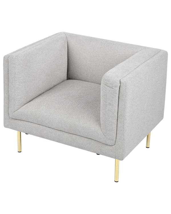 Nojatuoli vaaleanharmaa kangas verhoiltu kulta rautajalat matala olohuoneen minimalistinen retro tyyli