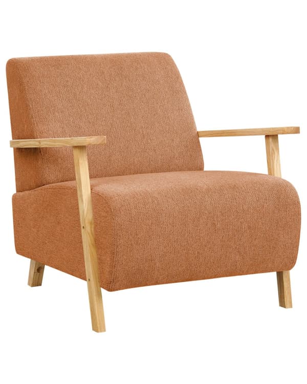 Nojatuoli oranssi kangas verhoiltu puujalat kalteva olohuoneen minimalistinen retro