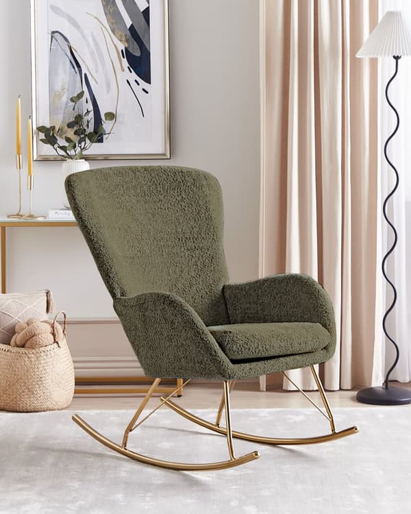 Gyngestol Mørkegrønn Boucle Stofftrekk Metallben Skøyter Tradisjonell Retro Design