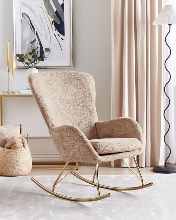 Gyngestol Beige Boucle Stofftrekk Metallben Skøyter Tradisjonell Retro Design