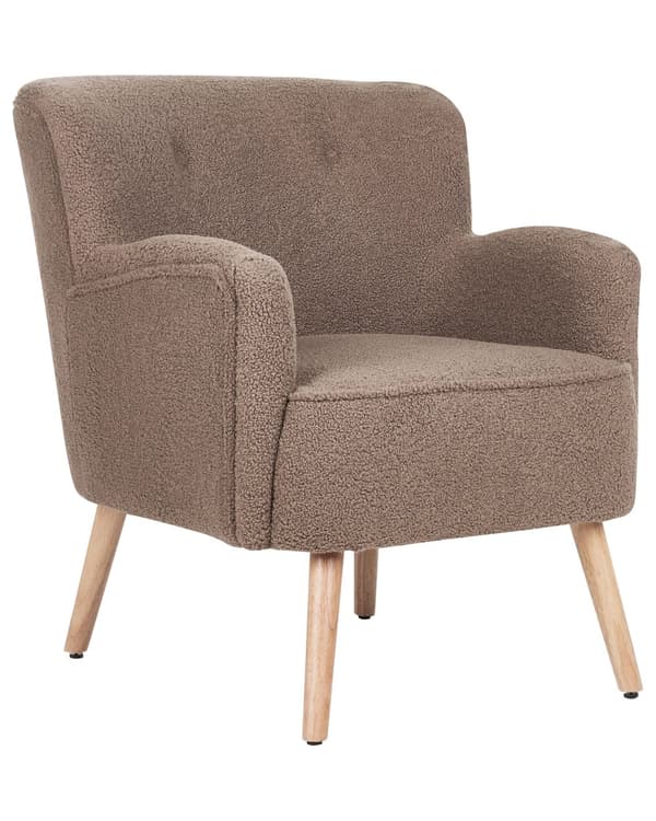 Fåtölj Brun Bouclé Klädsel Fotpall Träben Mönstrad Retro Boho Vardagsrum