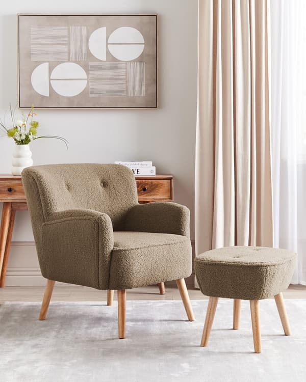 Fåtölj Brun Bouclé Klädsel Fotpall Träben Mönstrad Retro Boho Vardagsrum