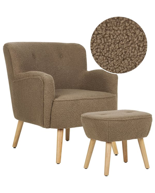 Fåtölj Brun Bouclé Klädsel Fotpall Träben Mönstrad Retro Boho Vardagsrum