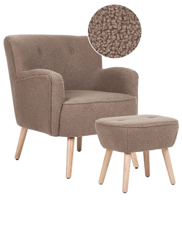 Lenestol med fotskammel Brun Bouclé Ben i lyst tre Armlener Ensfarget Dekorative knapper Moderne design Stue Soverom Hvilestol