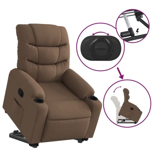 Reclinerfåtölj med uppresningshjälp brun tyg