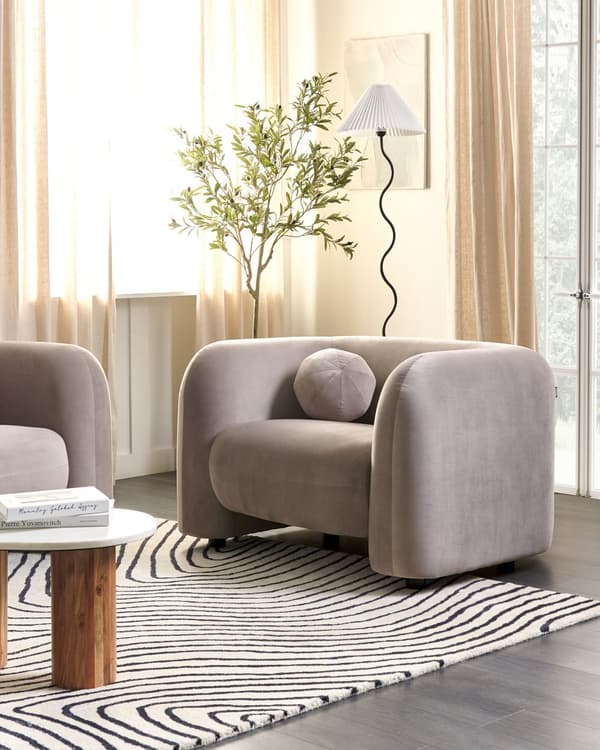Fåtölj Sammet Taupe med Prydnadskudde Retro Glam Art Déco Vardagsrum