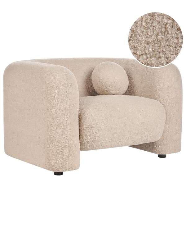 Fåtölj Bouclé Beige med Prydnadskudde Retro Glam Art Déco Vardagsrum