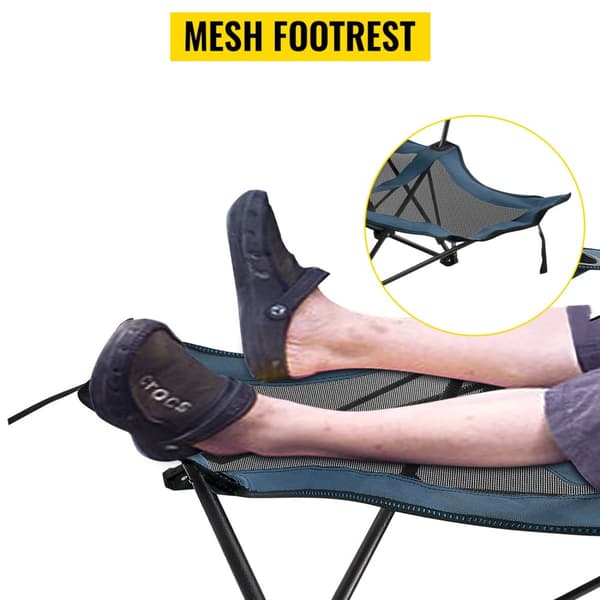 150kg kapacitet vikbar bärbar campingstol med mugghållare och förvaringsväska, justerbar utomhus vilstol i mesh med fotstöd