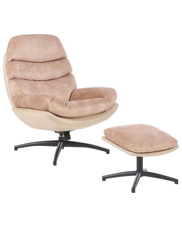 Svingbar Lenestol med Fotskammel Beige Fløyel Enkeltsete med Pute