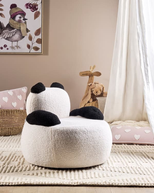 Børnelænestol hvid sort boucle stofbetræk panda furry børneværelse moderne