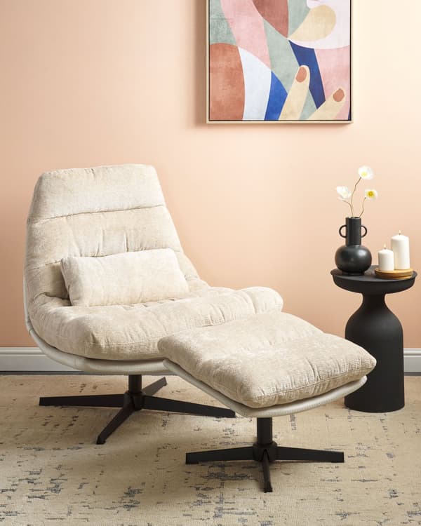 Drejelig lænestol med fodstøtte beige chenille glamour stil mid-century tykke puder