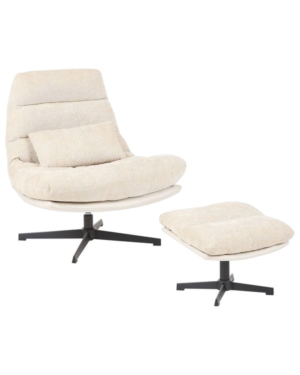 Drejelig lænestol med fodstøtte beige chenille glamour stil mid-century tykke puder
