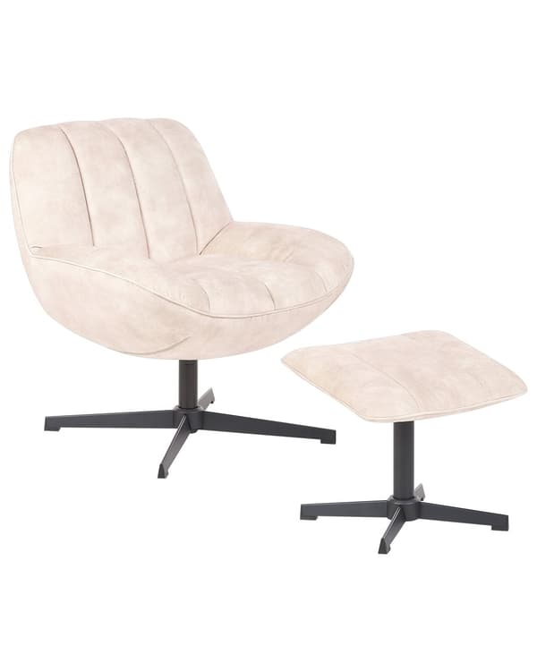 Snurrfåtölj med Fotpall Beige Sammet Enkelstativ Dämpad Sits