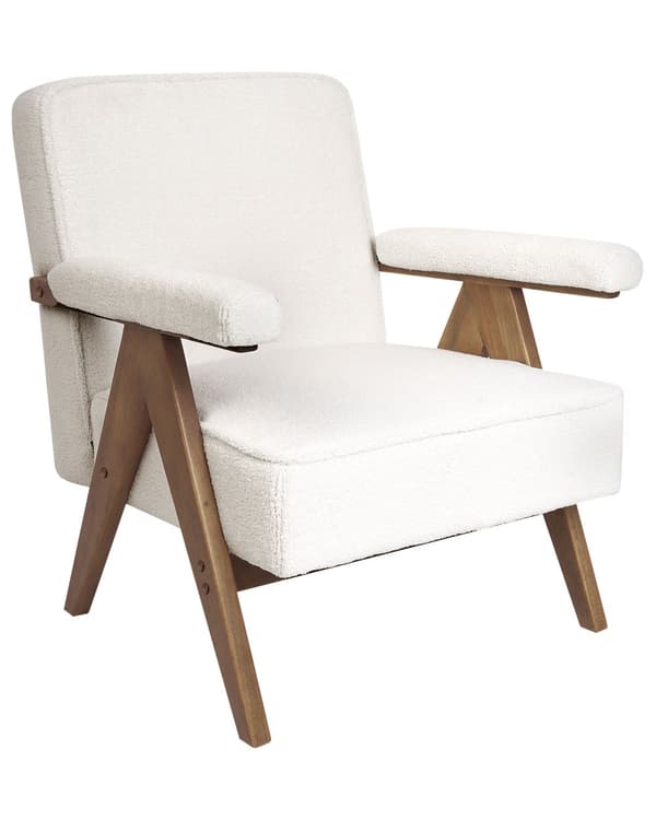 Fåtölj Vit Polyestertyg Boucléklädsel Retro Design Träram Armstöd Vardagsrum