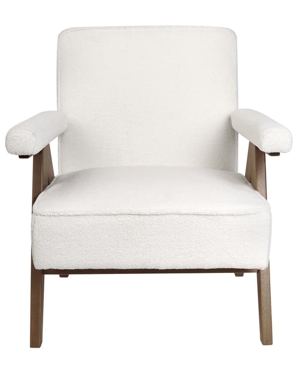 Fåtölj Vit Polyestertyg Boucléklädsel Retro Design Träram Armstöd Vardagsrum