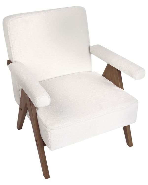 Fåtölj Vit Polyestertyg Boucléklädsel Retro Design Träram Armstöd Vardagsrum