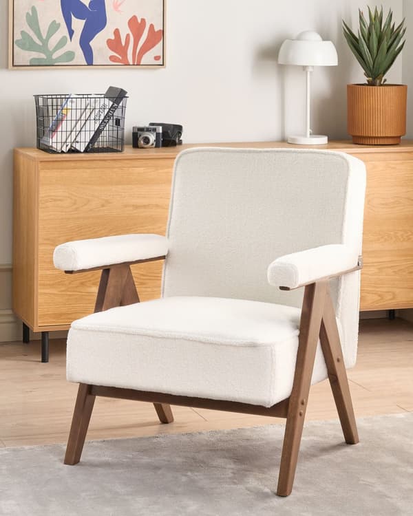 Fåtölj Vit Polyestertyg Boucléklädsel Retro Design Träram Armstöd Vardagsrum