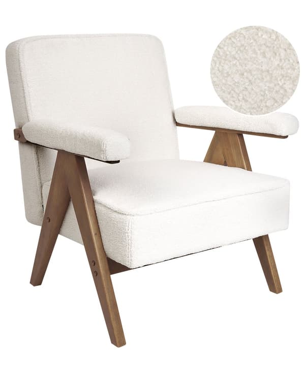 Fåtölj Vit Polyestertyg Boucléklädsel Retro Design Träram Armstöd Vardagsrum