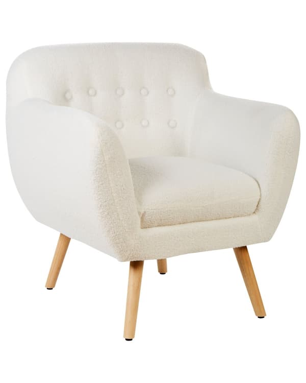 Fåtölj Vit Bouclé Tygklädsel Knäppt Retro Club Stol Retro Stil