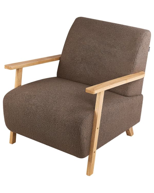 Lænestol Brun Boucle Stuestol med Armlæn til Stuen Bred Hvilestol Polstret Design Møbel Stol