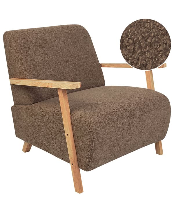 Lænestol Brun Boucle Stuestol med Armlæn til Stuen Bred Hvilestol Polstret Design Møbel Stol