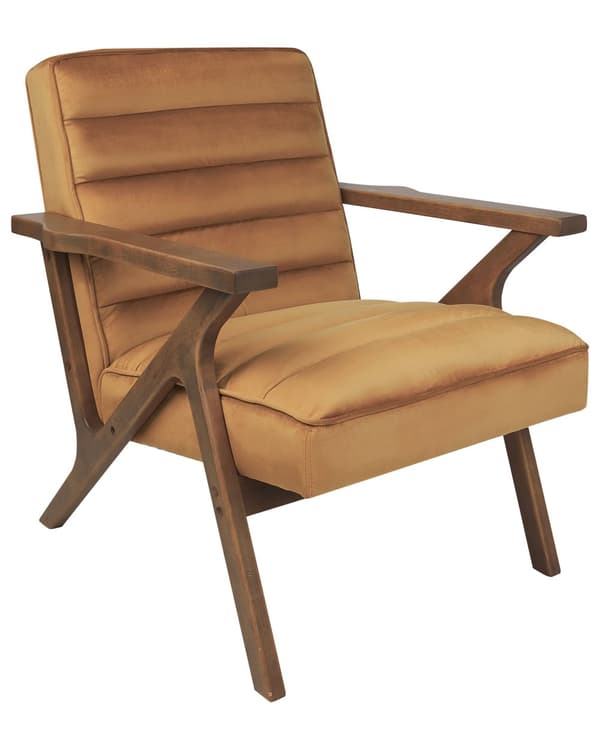 Lenestol Brun Fløyel Ben og armlener i mørkt tre Retro design Hvilestol Stue