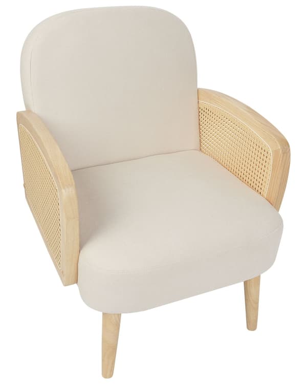 Fåtölj Ljusbeige Polyester Ram i Ljust Trä med Rottingfläta Träben Traditionell Stil Vardagsrum Sovrum