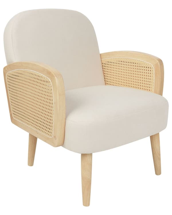 Fåtölj Ljusbeige Polyester Ram i Ljust Trä med Rottingfläta Träben Traditionell Stil Vardagsrum Sovrum